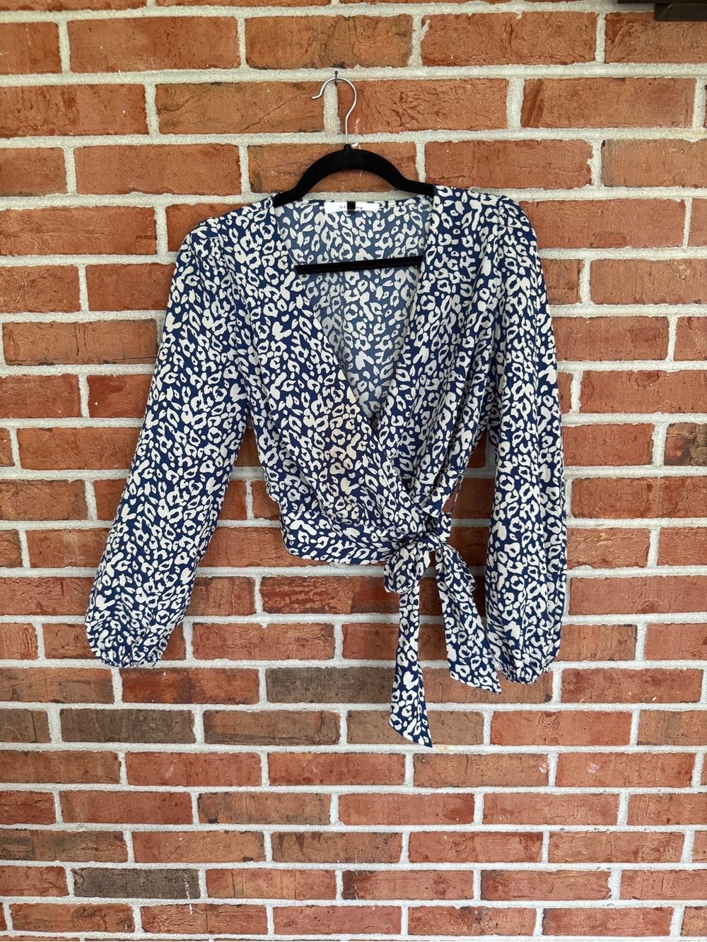 Navy and White Leopard Print Wrap Blouse with Tie